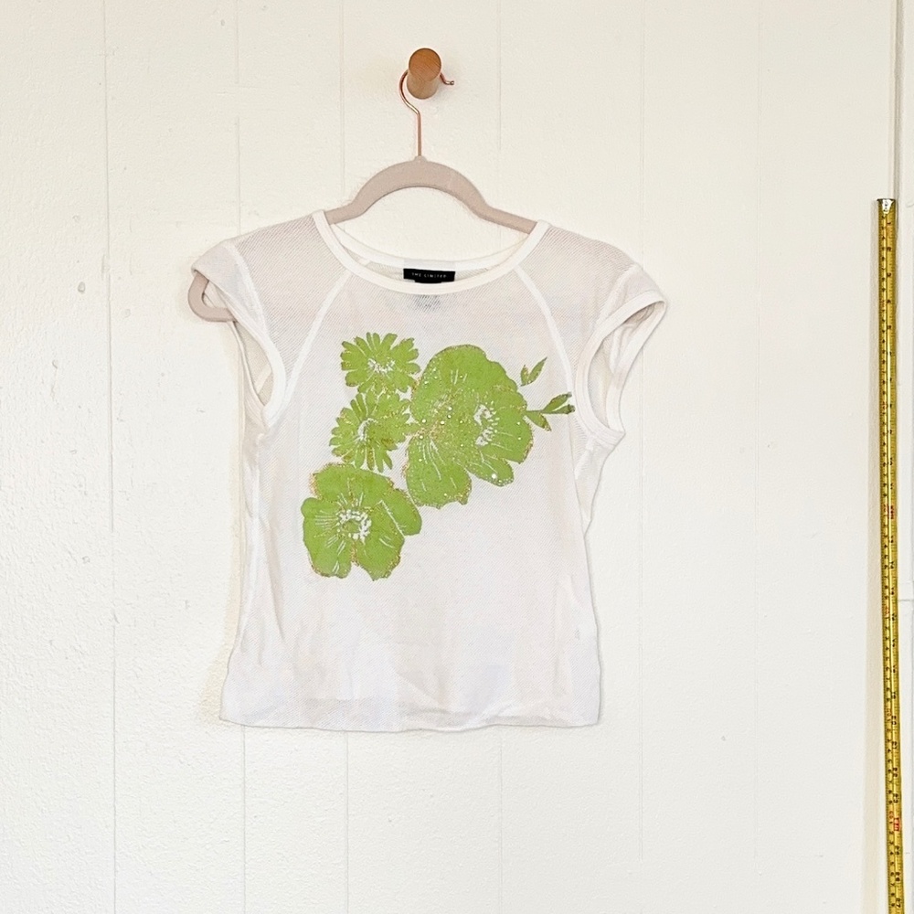 Vintage 2000s Like New Mesh White and green floral graphic baby tee 100% cotton
